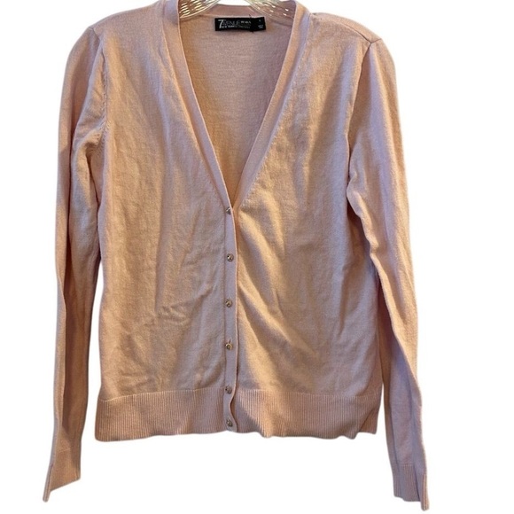 7th Avenue Women's Pink Cardigan Sweater Size L Long Sleeve V-Neck Jewel Buttons - Picture 1 of 9